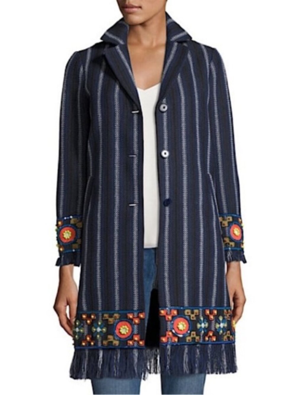 Tory Burch Luna striped woven coat embellished with beads, sequins, and fringe